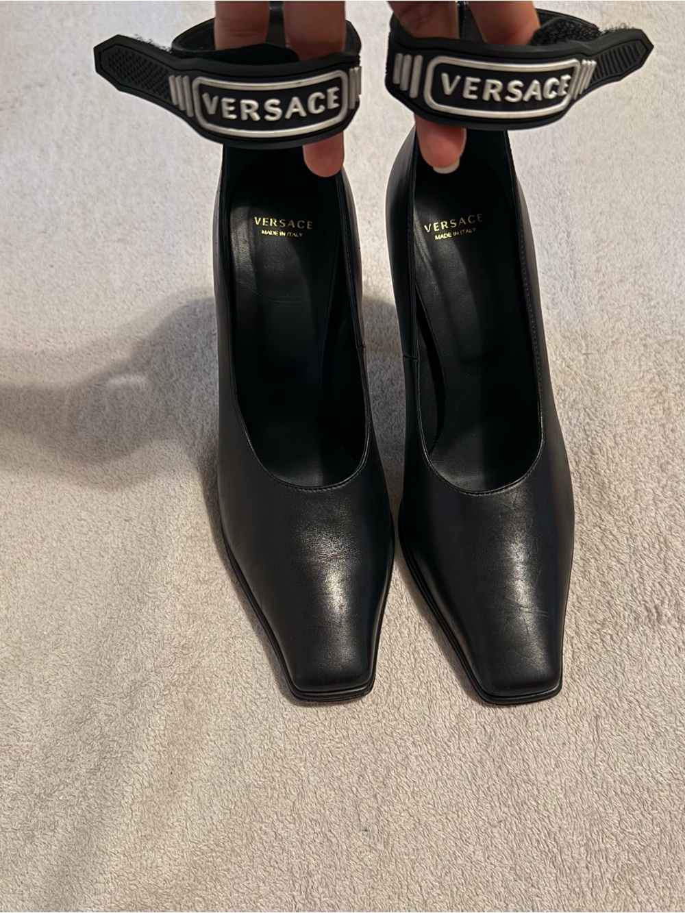 Versace 2017 Runway Black Leather Logo Ankle Strap Square Toe High Heels
